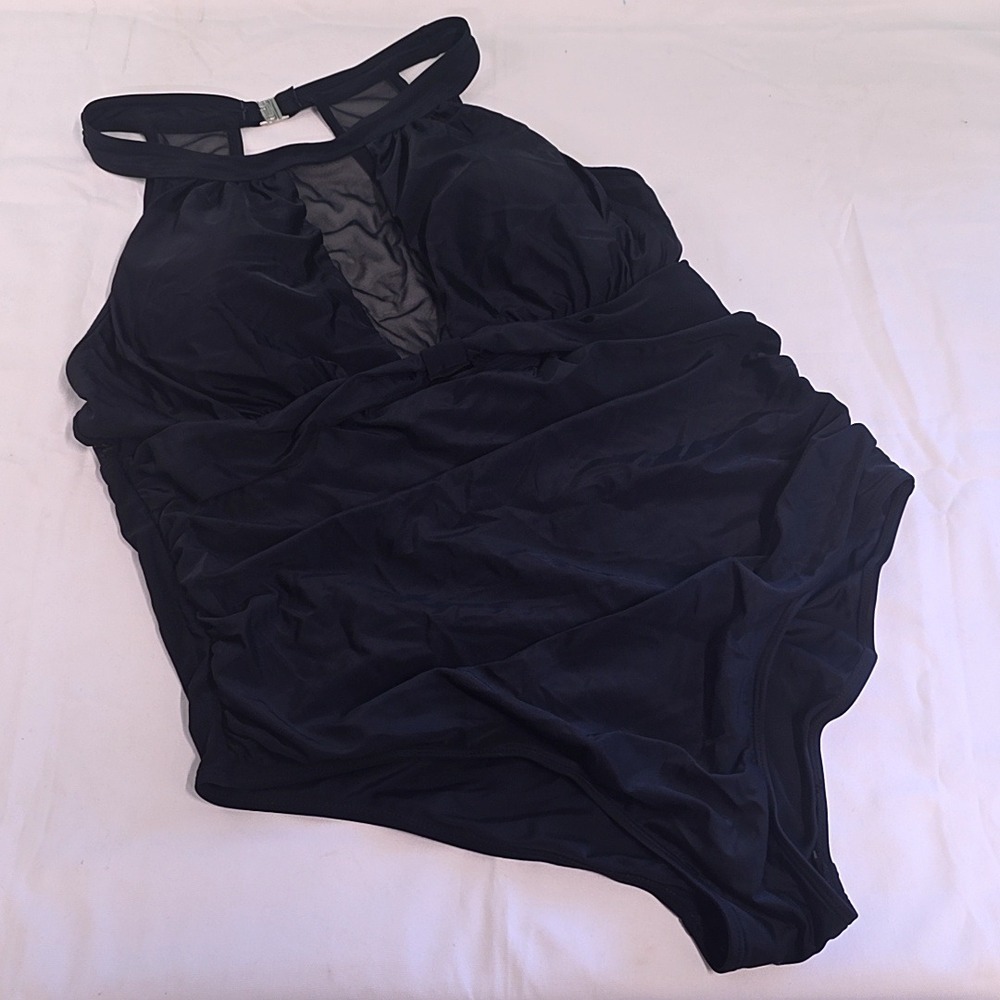 Chic Soul One-Piece Swimsuit Women XXXL Black Mesh High Neck Ruched Slimming